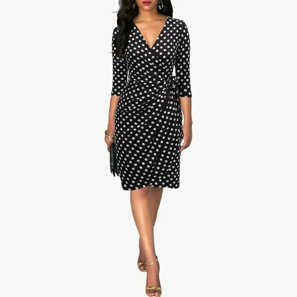 Berydress Women's Classic 3/4 Sleeve V Neck Sheath Black Polka Dot Dress - Picture 3 of 6